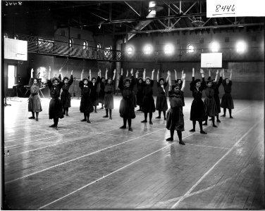 Women performing calisthenics for exhibition in Herron Gymnasium 1908 (3195553100)