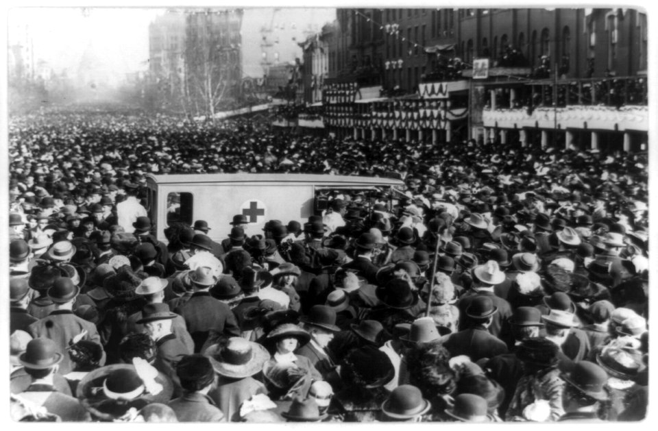 Women's suffrage procession in Washington, D.C. 1913, March 3, crowd around Red Cross ambulance LCCN91794907