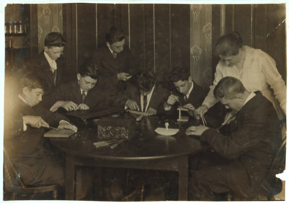 Wood carving group of working boys at King Philip Settlement - Names beginning at our right- 6. Frederick Reinhadt, 15, 147 Grant Street. 5. Arthur Bourque, 14, 415 Kilburn St., 3. Anthony LOC nclc.05092
