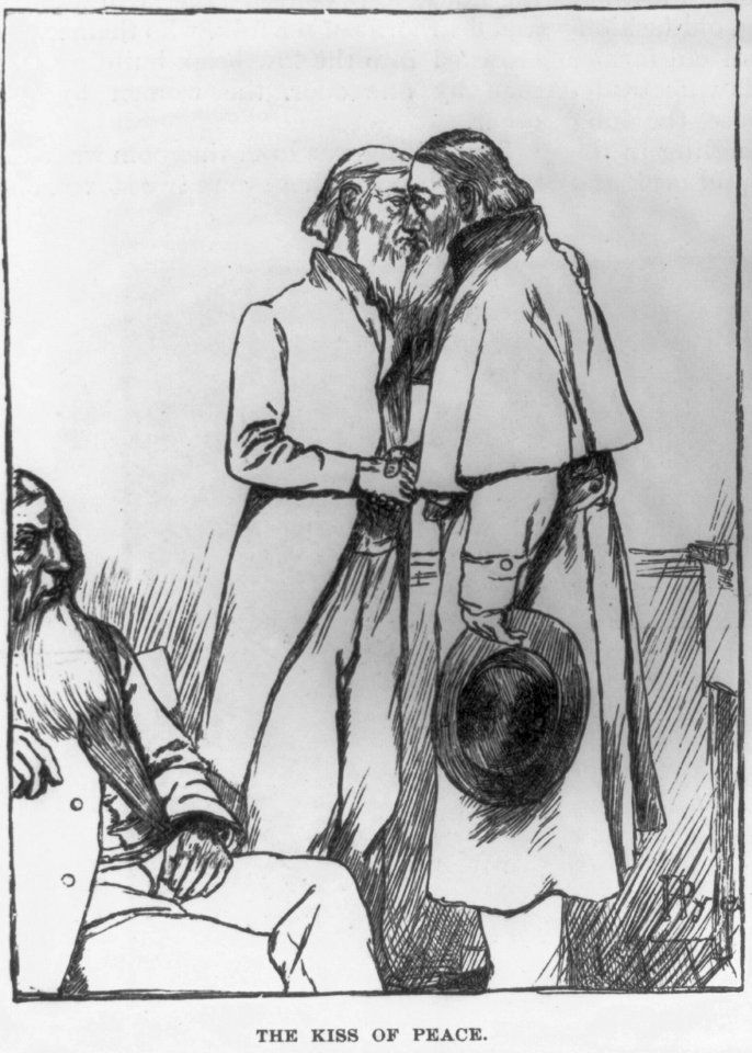 Wood engraving from drawing by Howard Pyle which illustrated his article, A Peculiar People, in Harper's New Monthly, Oct. 1889, pp. 776-785. Dunker religion in Pennsylvania- The Kiss of LCCN2004678647