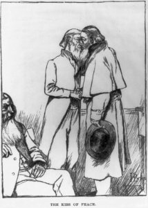 Wood engraving from drawing by Howard Pyle which illustrated his article, A Peculiar People, in Harper's New Monthly, Oct. 1889, pp. 776-785. Dunker religion in Pennsylvania- The Kiss of LCCN2004678647