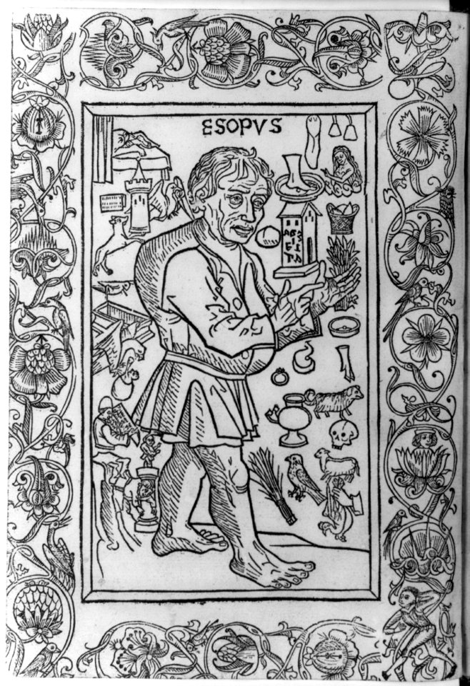 Woodcuts used to illus. Fables from incunabula...1966- Aesop surrounded by symbols of fables, 1481 - -60 LCCN2007681459