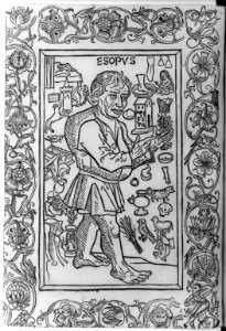 Woodcuts used to illus. Fables from incunabula...1966- Aesop surrounded by symbols of fables, 1481 - -60 LCCN2007681459