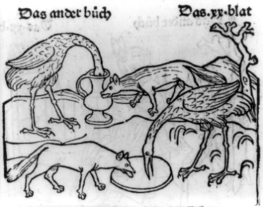 Woodcuts used to illus. Fables from incunabula...1966- the fox and the crane, ca. 1479 - item 57 LCCN2007681460