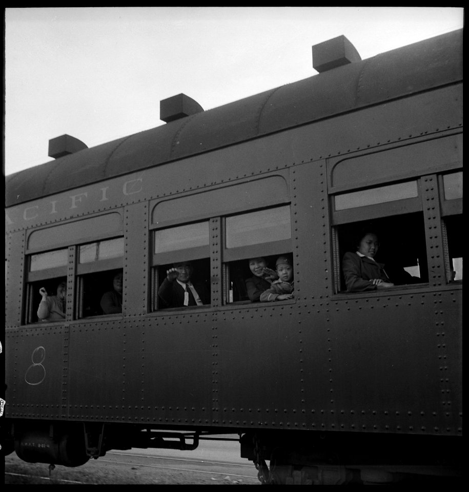 Woodland, Yolo County, California. Ten cars of evacuees of Japanese ancestry are now aboard and the . . . - NARA - 537824