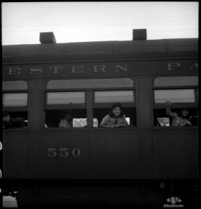 Woodland, Yolo County, California. Ten cars of evacuees of Japanese ancestry are now aboard and the . . . - NARA - 537826