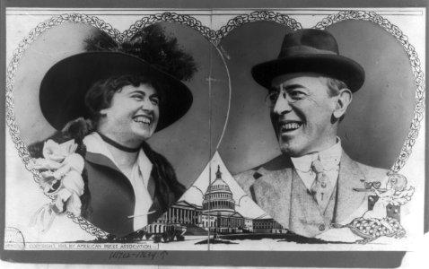 Woodrow Wilson and Edith Bolling Galt, head-and-shoulders portraits cut in the shape of overlapping hearts with rose border; drawing of cupid in lower right and of the U.S. Capitol which is LCCN99403197