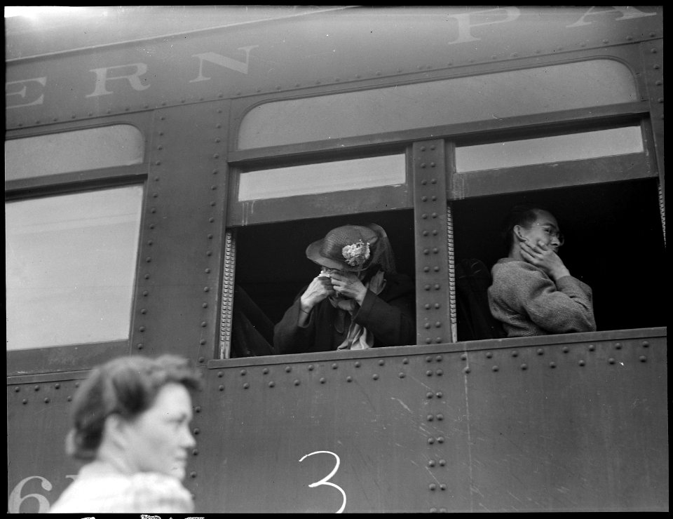 Woodland, California. Ten cars of evacuees of Japanese ancestry are now aboard and the doors are cl . . . - NARA - 537829