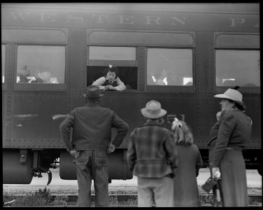 Woodland, Yolo County, California. Ten cars of evacuees of Japanese ancestry are now aboard the tra . . . - NARA - 537823 photo