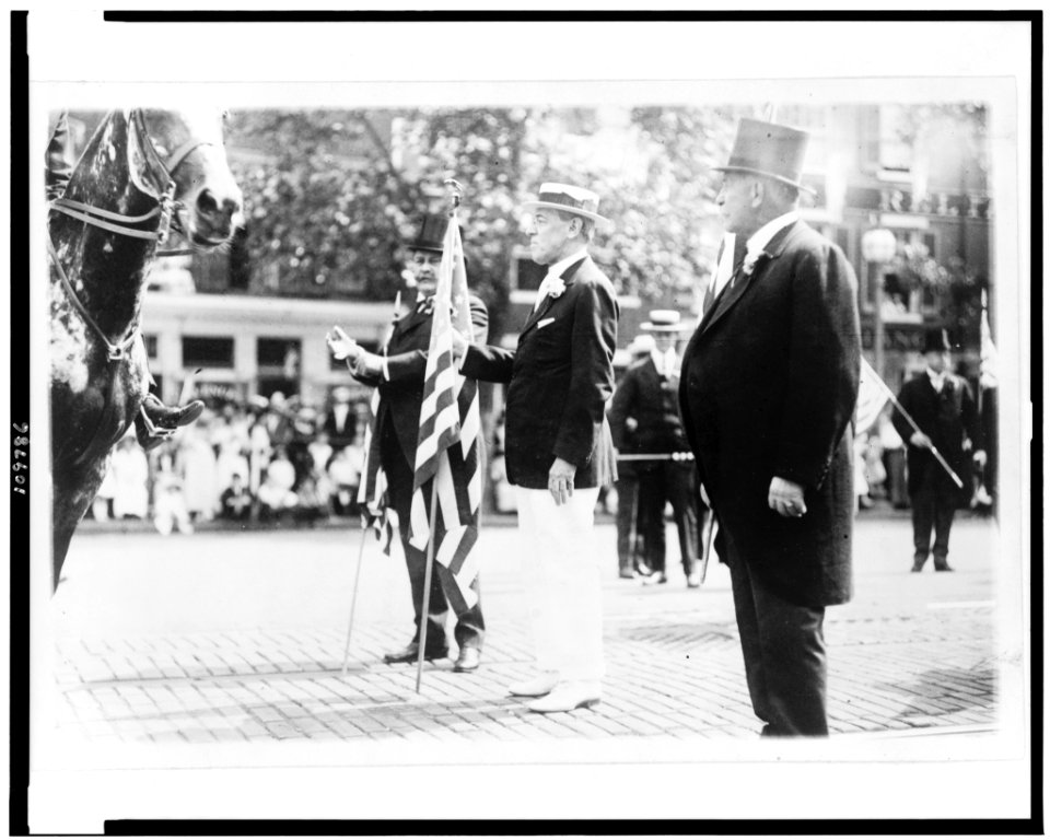 Woodrow Wilson, holding U.S. flag, in parade, on Preparedness Day, Washington, D.C. LCCN94504745