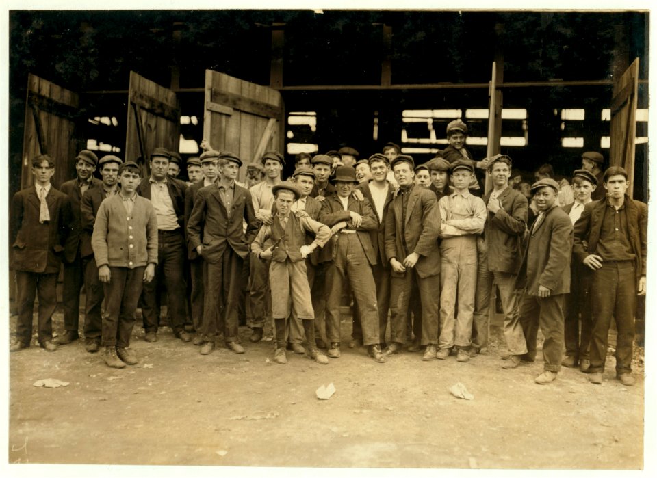 Workers in More-Jones Glass Co., Bridgeton, N.J. Small boy in middle is Harry Simpkins, 52 South Ave. (dirty, noisome conditions). See him in photos 978 & 979. LOC nclc.01228