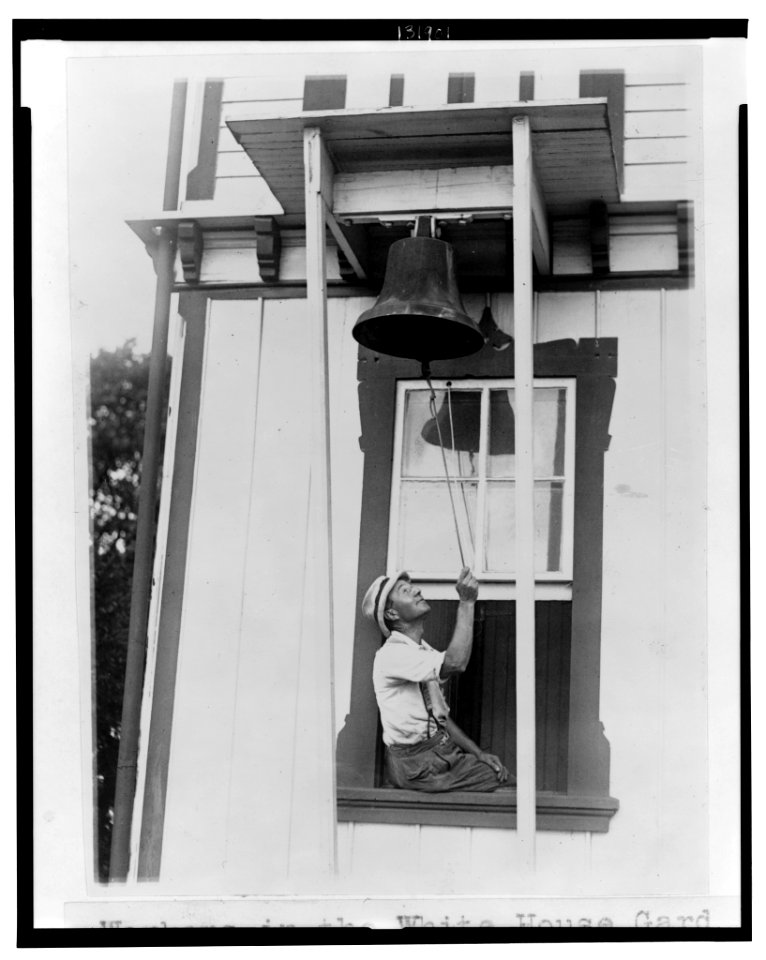 Workers in the White House gardens still cling to the old custom of going to work by the ringing of a huge bell LCCN2002712421