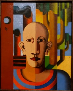 Worker (Self-portrait in Front of Trees and Chimneys), by Heinrich Hoerle, 1931, oil on paper, mounted to board - Busch-Reisinger Museum - Harvard University - DSC01628