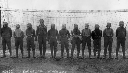 World War I, British soccer team with gas masks, 1916 photo