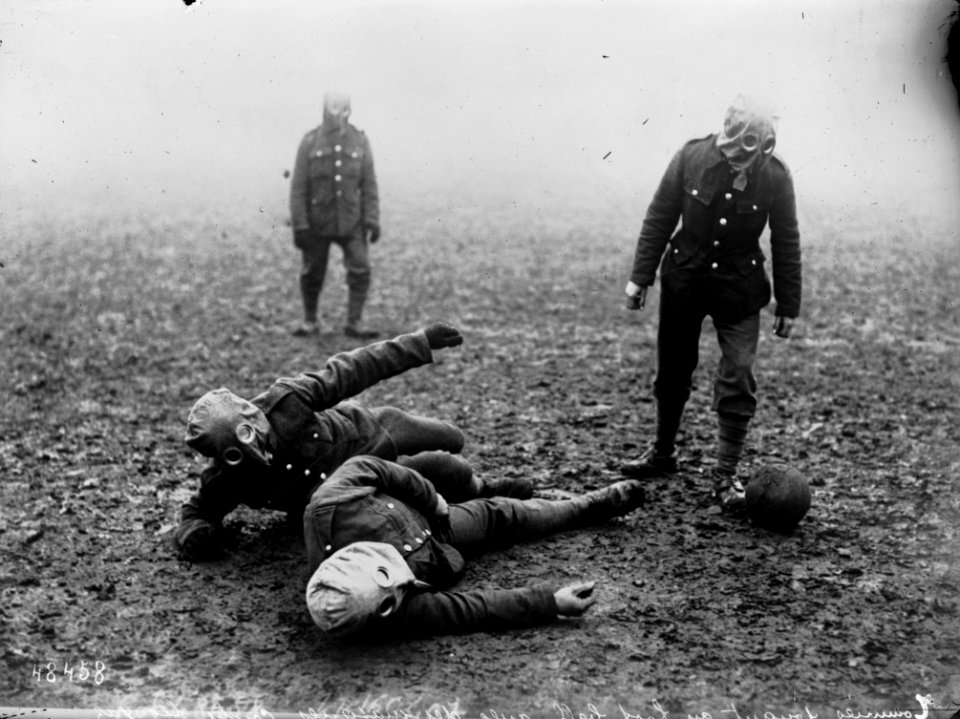 World War I, British soccer team with gas masks, 1916 02