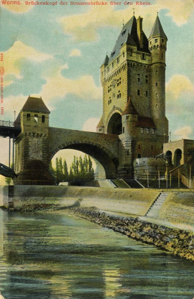 Worms, Rheinland-Pfalz - Brückenkopf der Straßenbrücke über den Rhein (Zeno Ansichtskarten)