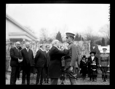 Wounded soldier receiving pin; Warren Harding at left. White House, Washington, D.C. LCCN2016891181