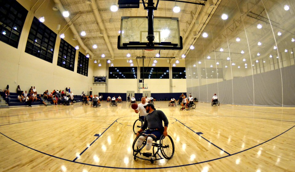 Wounded warriors practice wheelchair basketball. (8185239130)