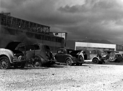 Wrecked cars at NAS Kaneohe Bay 1941