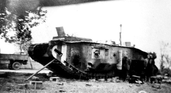 Wrecked British tank, manned by Canadians, LeQuesnel, France, WWI (32536899122)