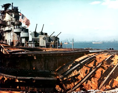 Wrecked flight deck of USS Franklin (CV-13) on 28 April 1945 photo