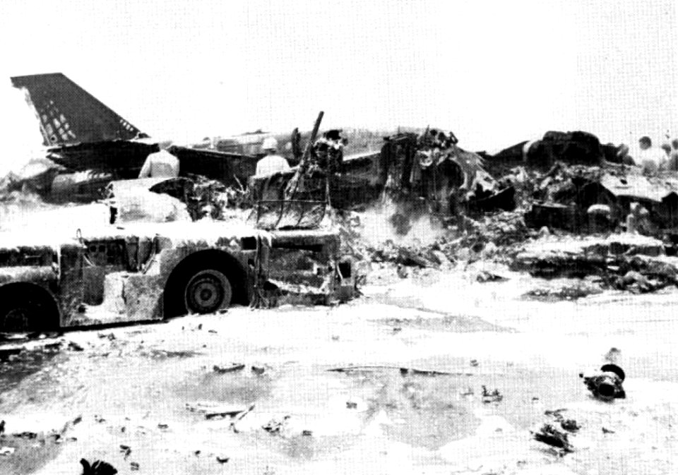 Wrecked aircraft on USS Forrestal (CVA-59) 29 July 1967
