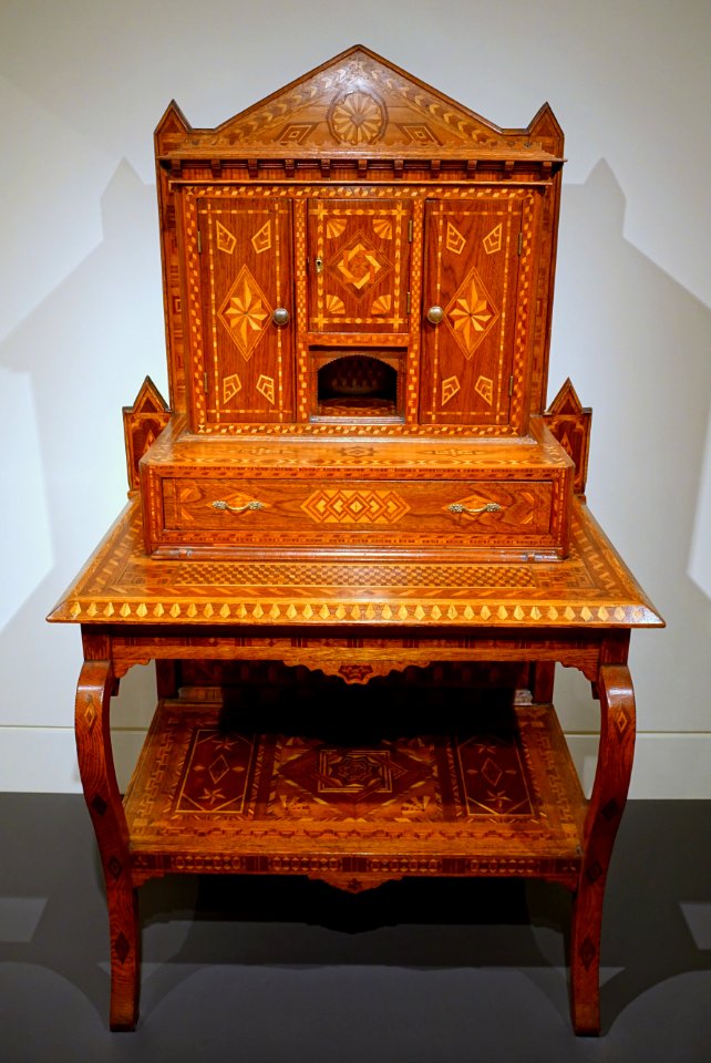 Writing desk, artist unknown, United States, 1880-1889, oak, brass, other woods - Peabody Essex Museum - DSC07617