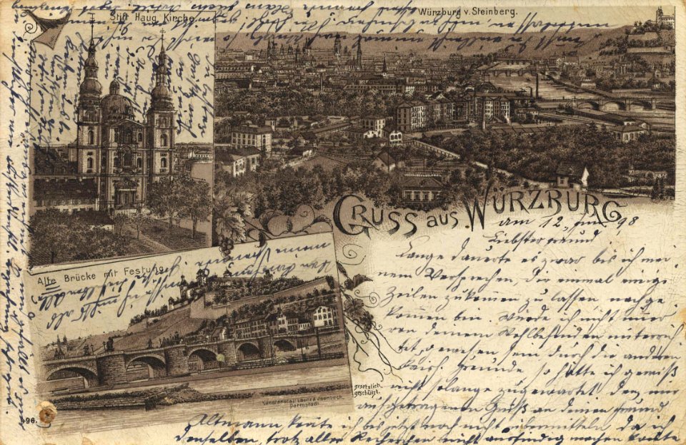 Würzburg, Bayern - Stift Haug, Kirche; Alte Brücke mit Festung; Stadtansicht vom Steinberg (Zeno Ansichtskarten)