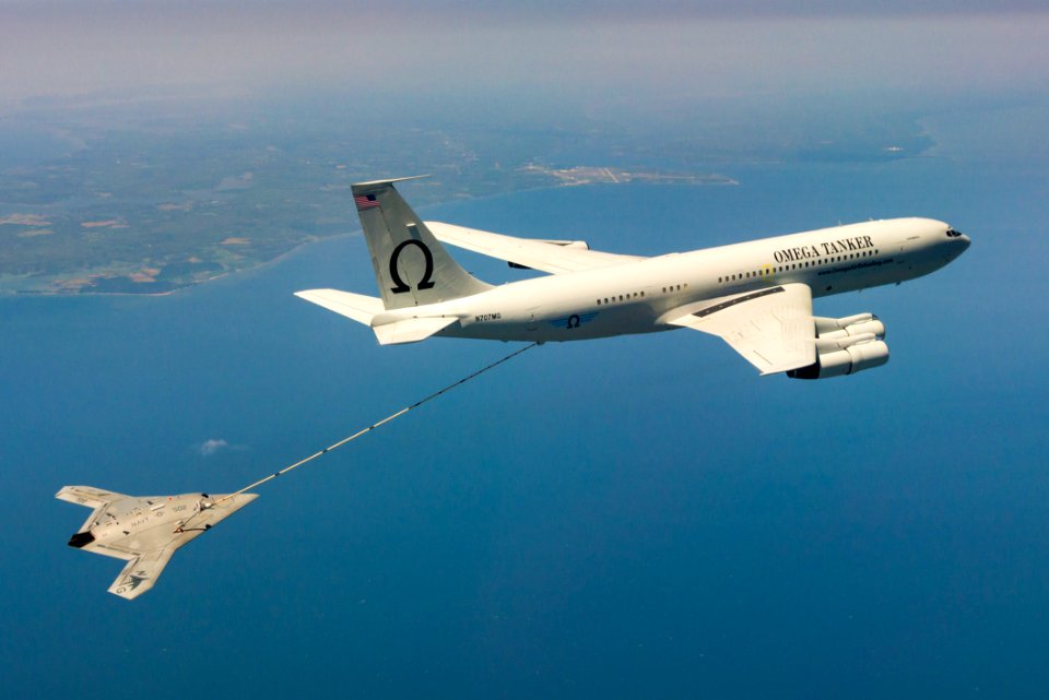 X-47B receives fuel from an Omega K-707 tanker while operating in the Atlantic Test Ranges