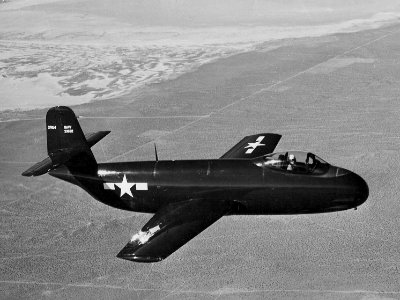 XF6U-1 Pirate prototype in flight over Edwards AFB c1947