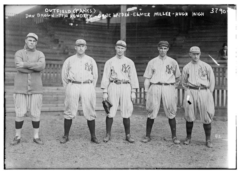 Yankees outfield - Don Brown, Tim Hendryx, Gene Leyden, Elmer Miller, Hugh High, New York AL (baseball) LCCN2014701226