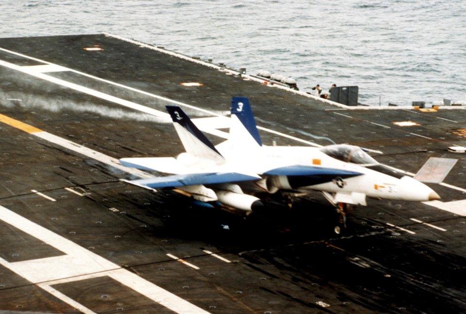 YF-18A landing on USS America (CV-66) in 1979