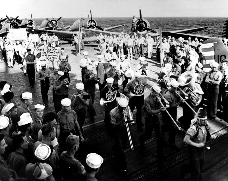 Yorktown Jamboree parade aboard USS Yorktown (CV-5), 10 April 1942 (NH 95570)