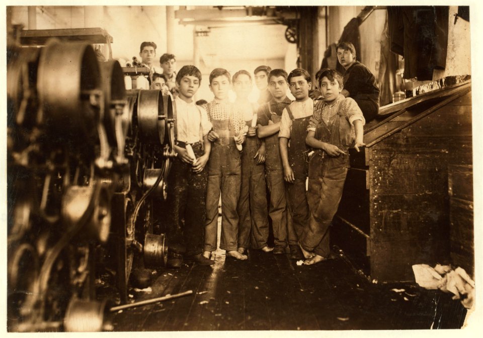 Young doffer and spinner boys in Seaconnet Mill. The youngest are Manuel Perry, 111 Pitman St. John E. Mello, 229 Alden St. Manuel Louis. None of these could write their own names. The last LOC nclc.02501