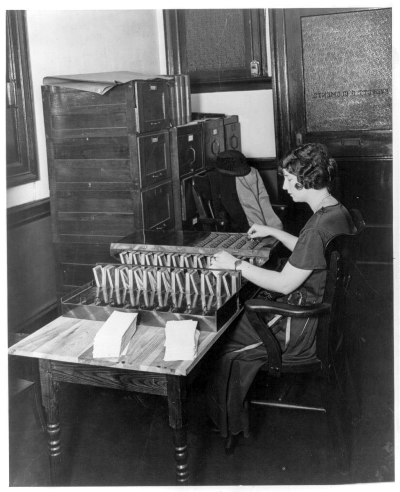 Young woman at work with sorting machine in the office of Everett G. Clements, National Assorting Co., Washington, D.C. LCCN2002695602