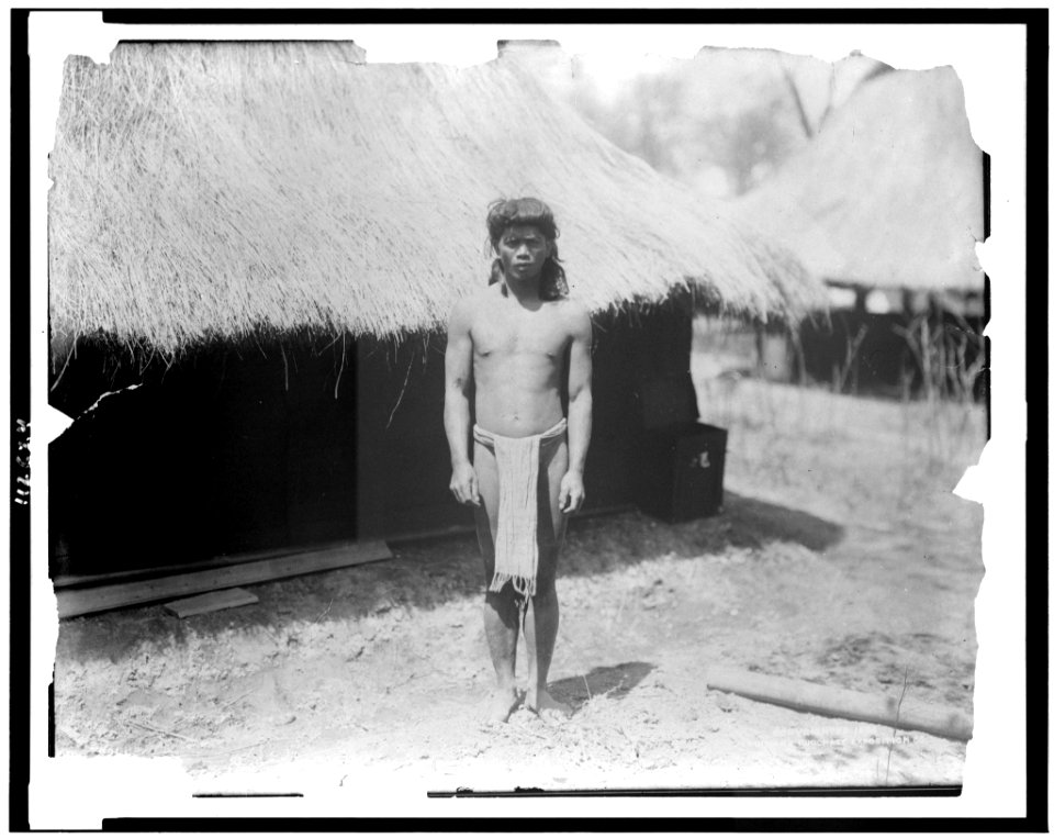 Young man in traditional clothes beside thatch-roofed structure in Igorot village, Louisiana Purchase Exposition LCCN95502542
