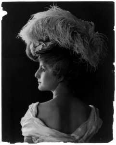 Young woman modeling- back view, head and shoulders, wearing feathered hat LCCN2003677212