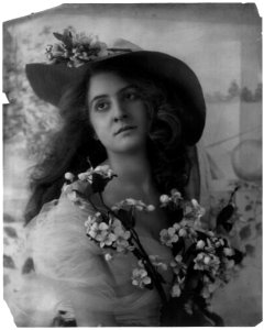 Young woman modeling- half lgth., wearing large-brimmed hat and holding fruit tree blossoms LCCN2003677208