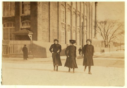Young workers adolescence and younger in Manomet, Nonquitt and Nashawena Mills. Going to dinner and back to wrk. Noon. January 9, 1912. Richard K. Conant, witness. LOC nclc.02511