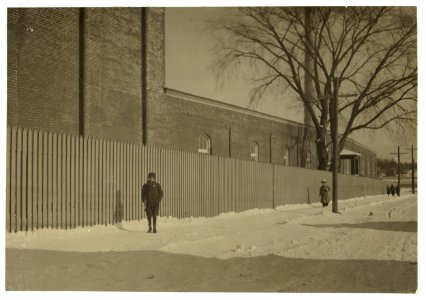 Young workers adolescence and younger in Manomet, Nonquitt and Nashawena Mills. Going to dinner and back to wrk. Noon. January 9, 1912. Richard K. Conant, witness. LOC nclc.02515
