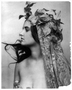 Young woman modeling- head and shoulders, facing left, vines on head, and meshed fabric draped from head over body LCCN2003677220