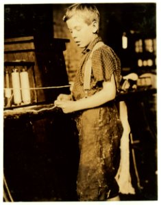 Youngsters making bands, cotton mill, North Pownal, Vt. Clarence Noel, 11 years old. LOC nclc.01827