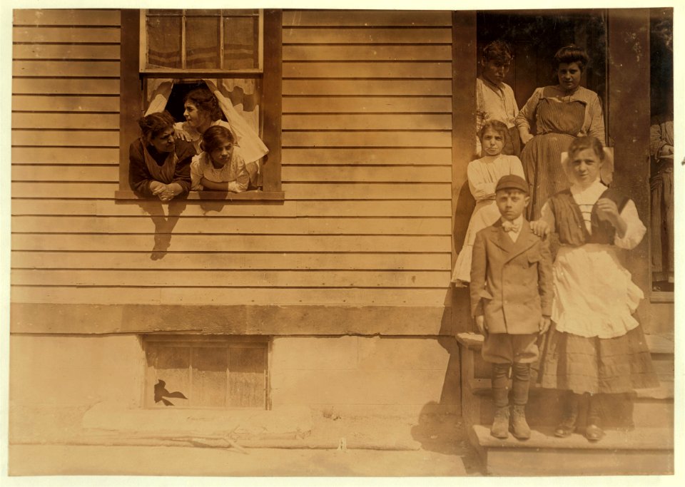 Youngest girl in the window has been spinning in Royal Mill, River Point, R.I. for one year. Girl standing on lower step has been spinning 3 years. Some of the others work also. LOC cph.3b09808