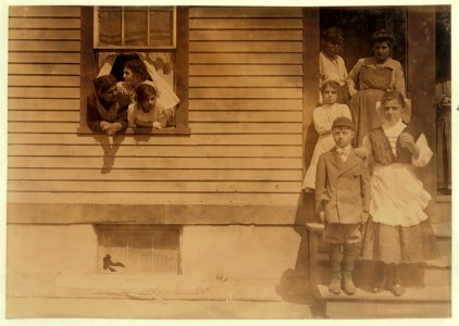 Youngest girl in the window has been spinning in Royal Mill, River Point, R.I. for one year. Girl standing on lower step has been spinning 3 years. Some of the others work also. LOC cph.3b09808
