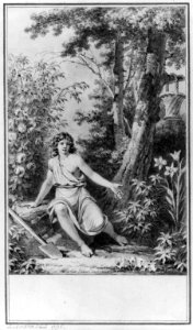 Youth seated amid trees and flowers; basket on branch and shovel on ground LCCN2003669686