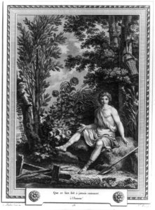 Youth seated amid trees and flowers; basket on branch and shovel on ground LCCN2003669685