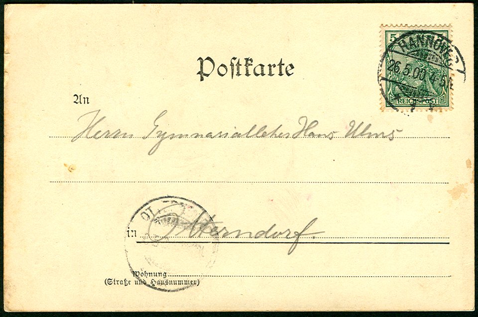 Zedler & Vogel PC 00430 1899 Gruss aus Hannover. Leibnizhaus. Adressseite an Herrn Gymnasiallehrer Hans Ulms in Otterndorf vom 26. März 1900