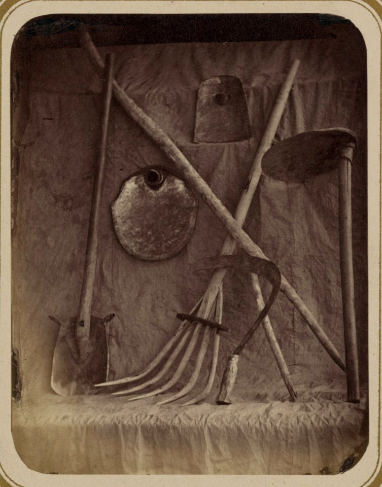 Zemledielie. Karshinskaia lopata (bili karshi), piatirogie vily (piandzhshakha), serp (dast.), dvurogie vily dushakha motyga (kialian). Zhelieznaia lopata (bili dzhai dar) LCCN2007681394