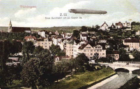 Zeppelin III. Erste Durchfahrt über Tübingen (AK Gebr. Metz 1909 TPk170a)