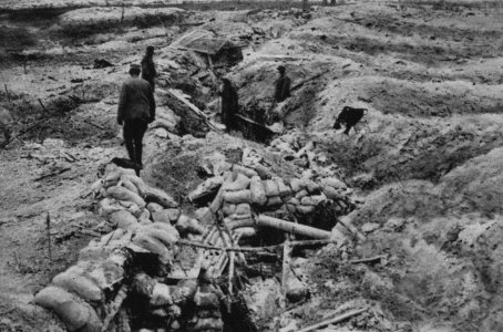 Zertrommelte erste deutsche Linie im Abschnitt von Souain, wenige Tage nach Beginn der Herbstschlacht in der Champagne